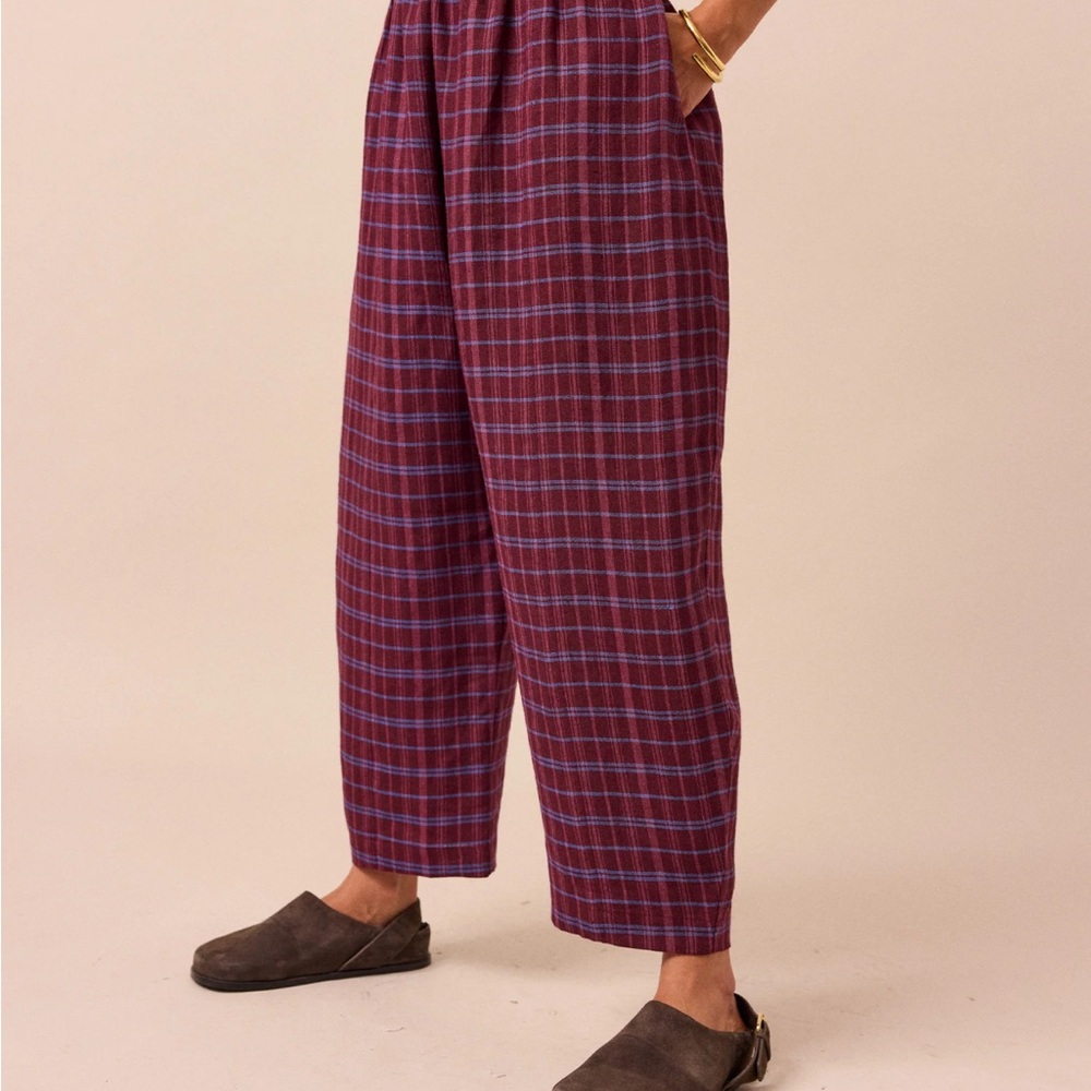 Women's Plaid Wide Leg Pants in Burgundy and Blue